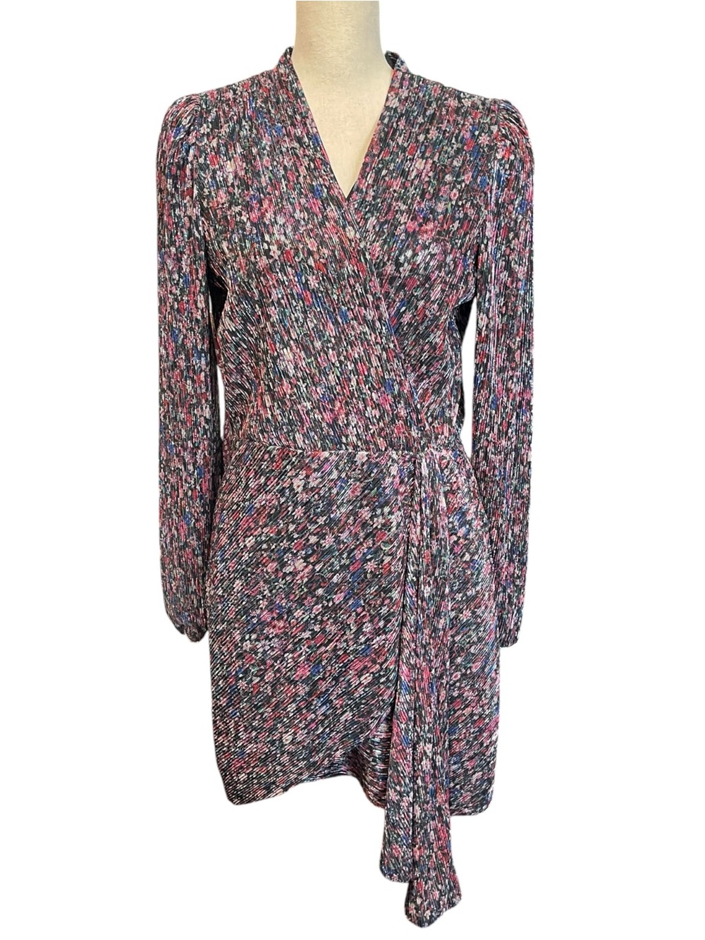 Saylor Bernadette draped faux wrap floral metallic‎ long sleeve cocktail dress L - Picture 2 of 15